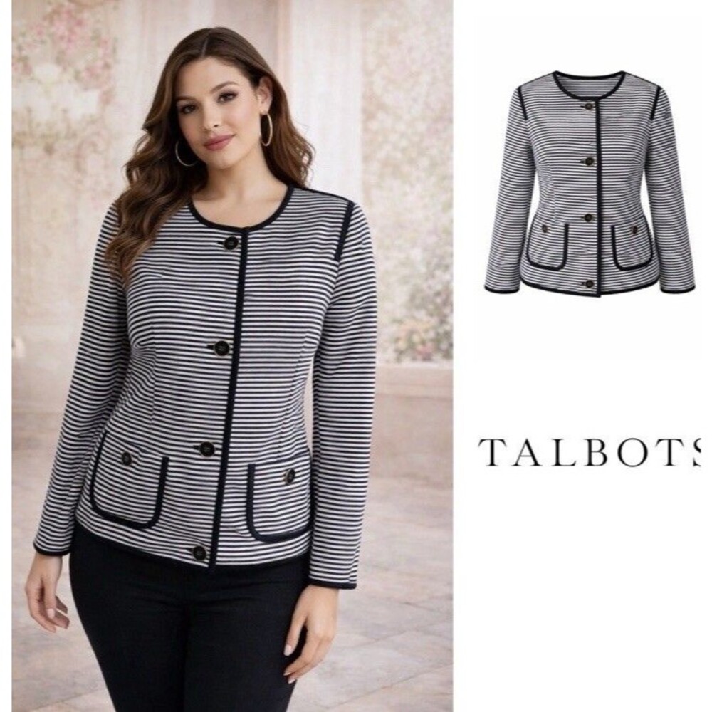 Talbots Blazer 2 Petite Black White Striped Jacket Nautical Coastal Classic